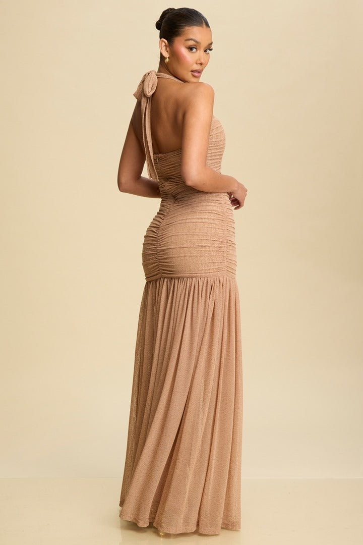 LONG NUDE GOLD DRESS