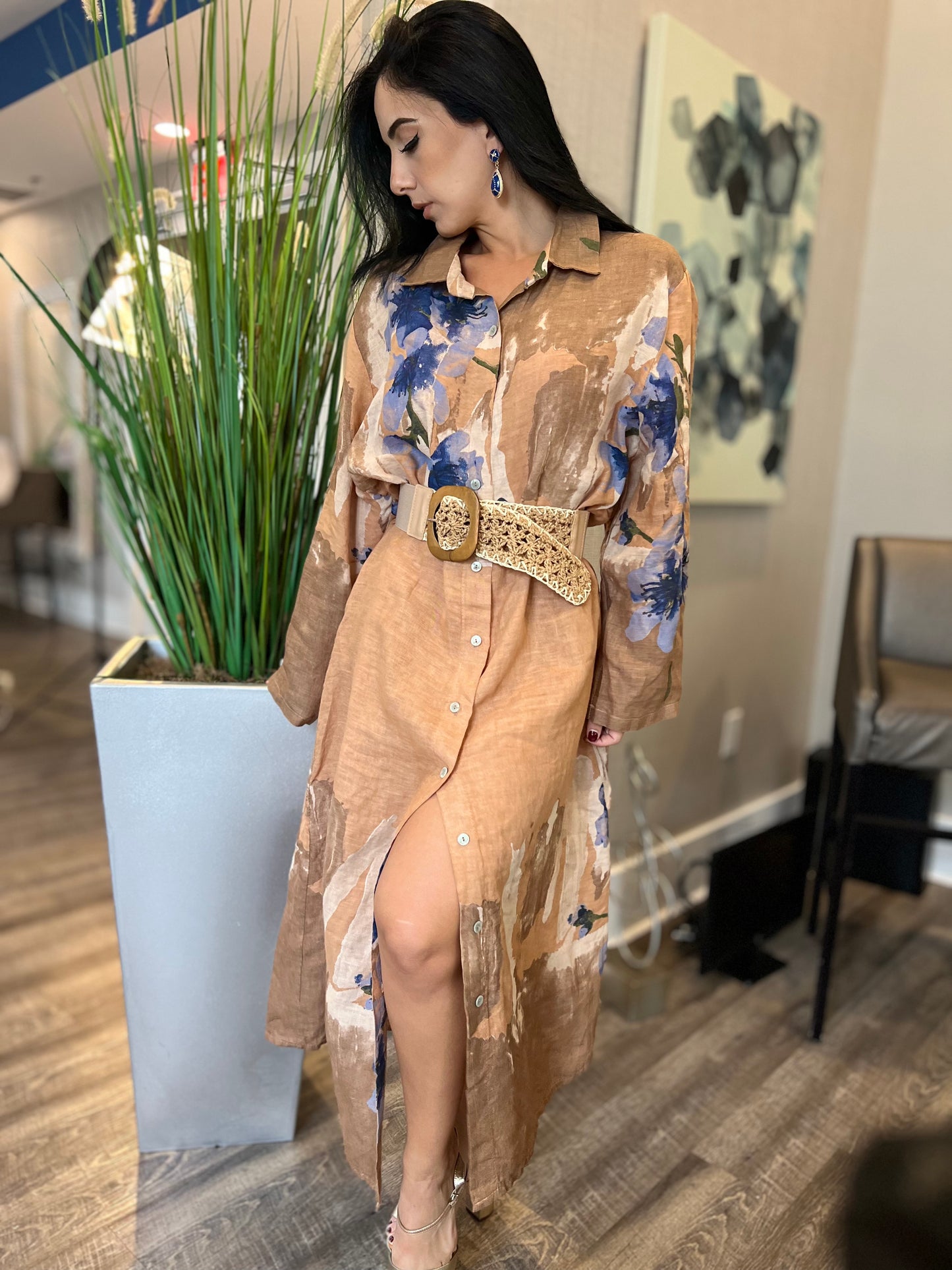 Flower stamp linen dress