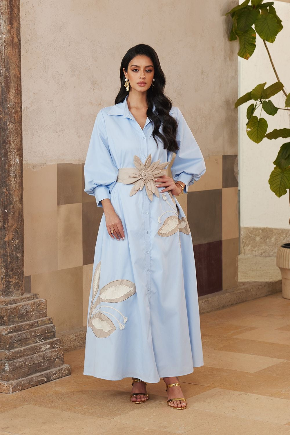 Baby blue dress tan flower belt