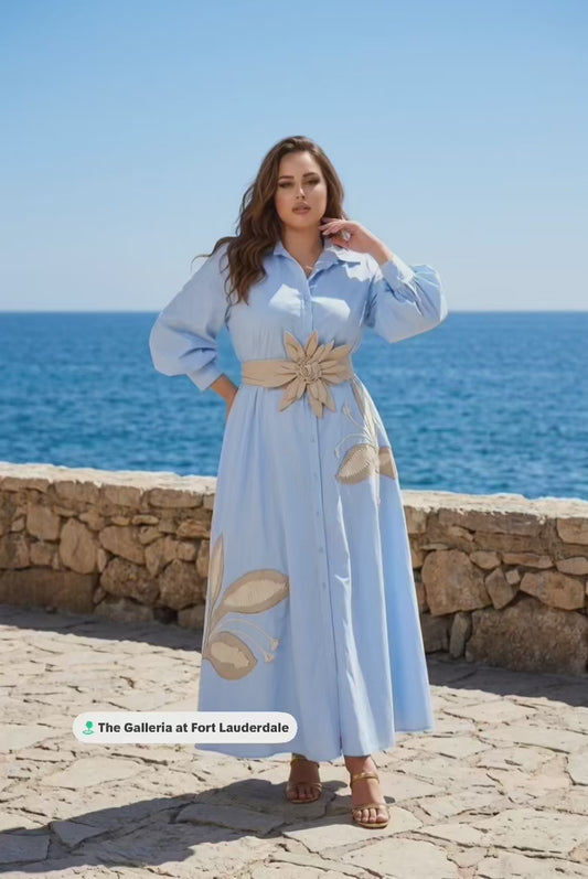Baby blue dress tan flower belt