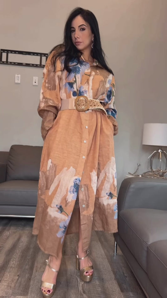 Flower stamp linen  dress